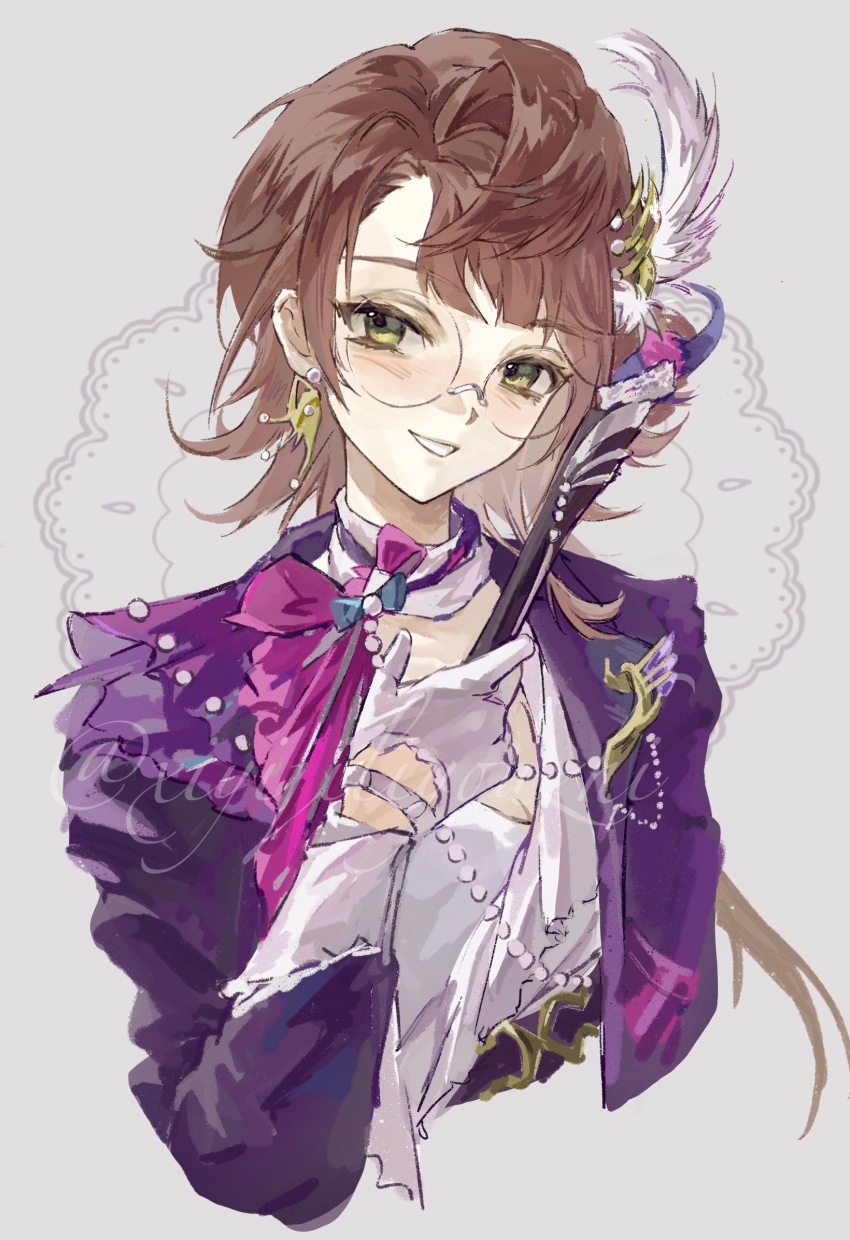 1girl, brown_hair, cropped_torso, earrings, feather_hair_ornament, feathers, folded_fan, folding_fan