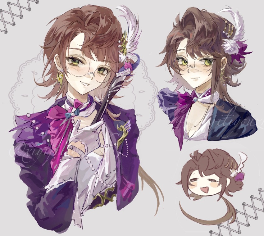 1girl, brown_hair, chibi, chibi_inset, closed_mouth, cropped_torso, earrings, feather_hair_ornament