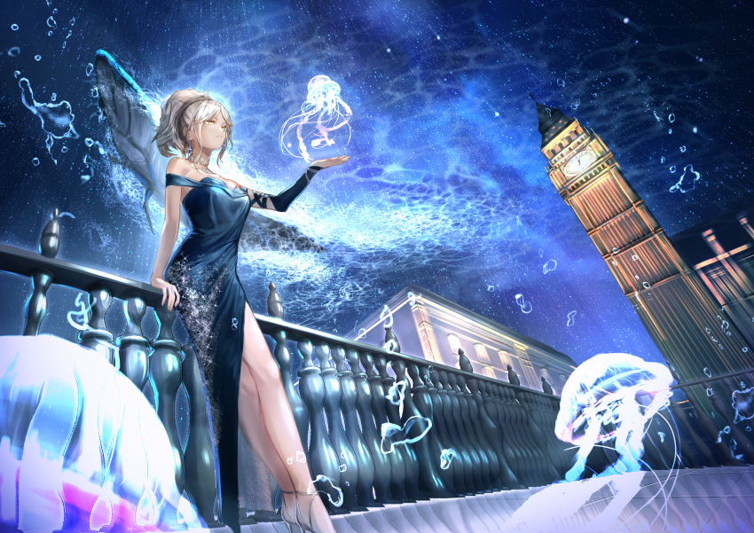 1girl, absurdres, against_railing, air_bubble, bare_legs, bare_shoulders, blue_bridal_gauntlets, blue_dress, bridal_gauntlets, bubble, caustics, clock, clock_tower, dress, elizabeth_tower, eternity_(reverse:1999), fish, from_below, grey_footwear, hand_on_railing, hand_up, high_heels, highres, jellyfish, jellyfish_earrings, jewelry, long_dress, looking_up, necklace, parted_lips, ponytail, qdx4p, railing, reverse:1999, scenery, side_slit, single_bare_arm, single_bridal_gauntlet, solo, standing, tower, underwater, white_hair, wide_shot, yellow_eyes