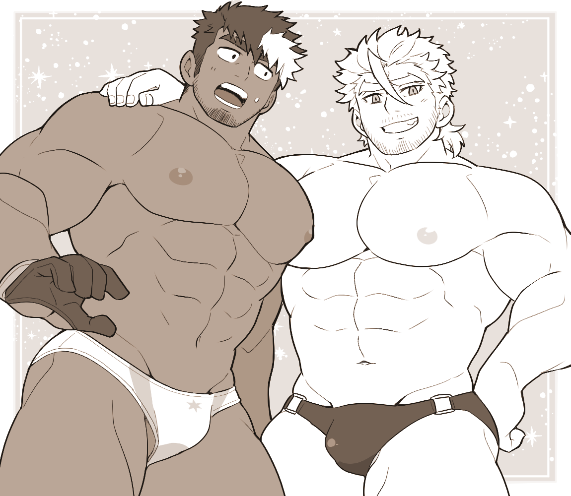 2boys, abs, andrew_(live_a_hero), aopanda, bara, beard_stubble, bulge, dark-skinned_male, dark_skin, facial_hair, gloves, greyscale, grin, hair_between_eyes, hair_slicked_back, half_gloves, large_pectorals, lilac_(live_a_hero), live_a_hero, looking_at_another, looking_at_viewer, male_focus, male_swimwear, monochrome, multicolored_hair, multiple_boys, muscular, muscular_male, mustache_stubble, nipples, o-ring, o-ring_swimsuit, open_mouth, pectorals, short_hair, smile, stubble, sweatdrop, swim_briefs, swimsuit, thick_eyebrows, two-tone_hair
