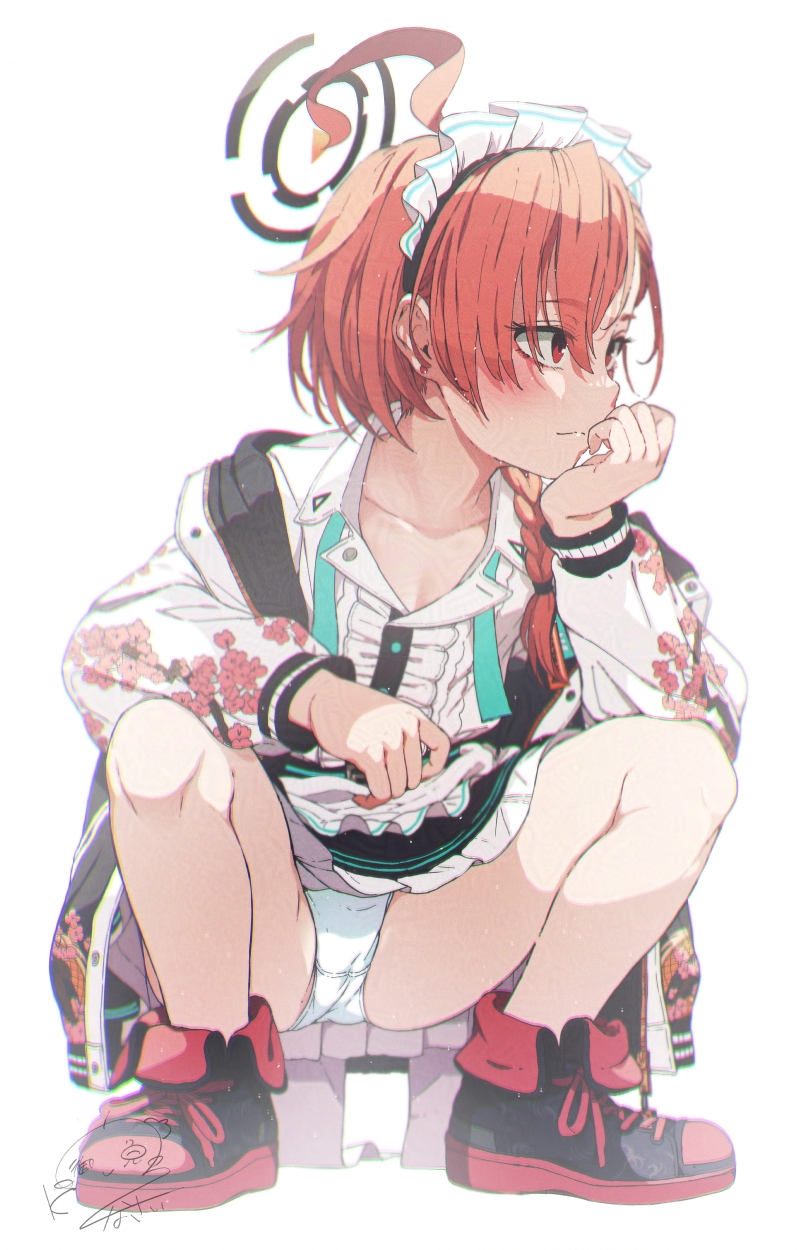 1girl, ahoge, black_halo, blue_archive, center_frills, closed_mouth, commentary_request, dress_shirt