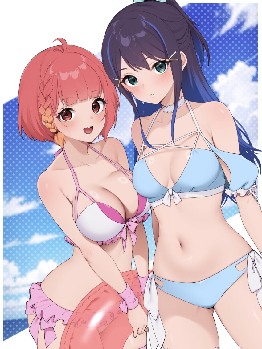 2girls, ahoge, bare_shoulders, bikini, bikini_skirt, blue_bikini, blue_hair, blue_sky, blue_streaks, blush, braid, breasts, campbell_xx, choker, cleavage, cloud, cloudy_sky, collarbone, commentary_request, frilled_bikini, frills, gradient_hair, green_eyes, gundam, gundam_n-extreme, hair_between_eyes, half_updo, halterneck, highres, holding, holding_swim_ring, innertube, kano_clans, large_breasts, looking_at_viewer, medium_breasts, melina_marronfitz, multicolored_hair, multiple_girls, navel, open_mouth, orange_hair, pink_bikini, polka_dot, polka_dot_background, red_eyes, red_hair, single_braid, sky, smile, stomach, streaked_hair, swim_ring, swimsuit, thighs, white_choker