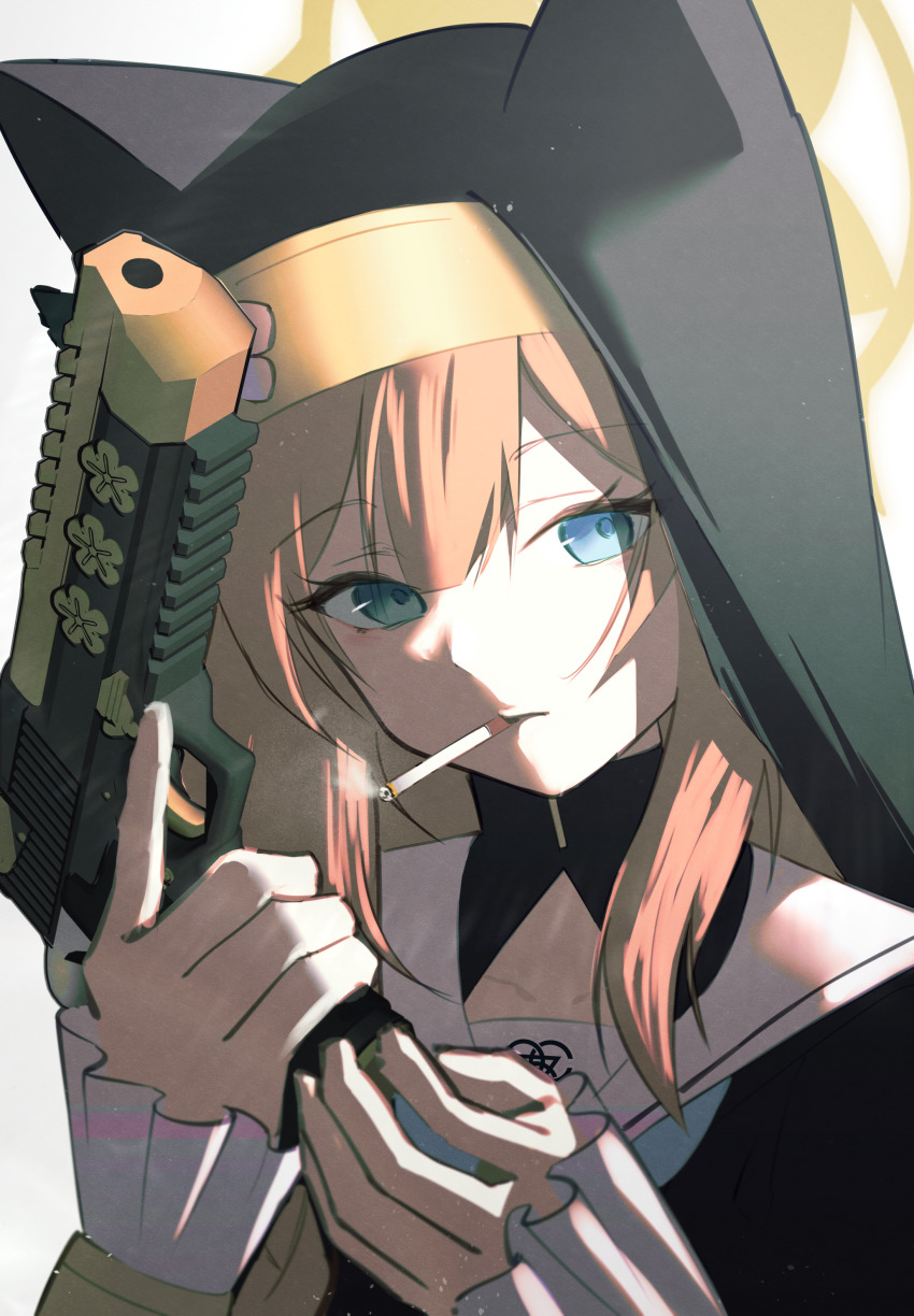 1girl, absurdres, akatoshu, animal_ear_headwear, animal_ears, blue_archive, blue_eyes, blue_neckerchief, cigarette, collarbone, desert_eagle, fake_animal_ears, frilled_sleeves, frills, gun, habit, halo, handgun, head_tilt, highres, holding, holding_gun, holding_weapon, long_hair, long_sleeves, looking_at_viewer, mari_(blue_archive), neckerchief, nun, orange_hair, sailor_collar, sidelocks, smoking, solo, veil, weapon, white_sailor_collar, yellow_halo