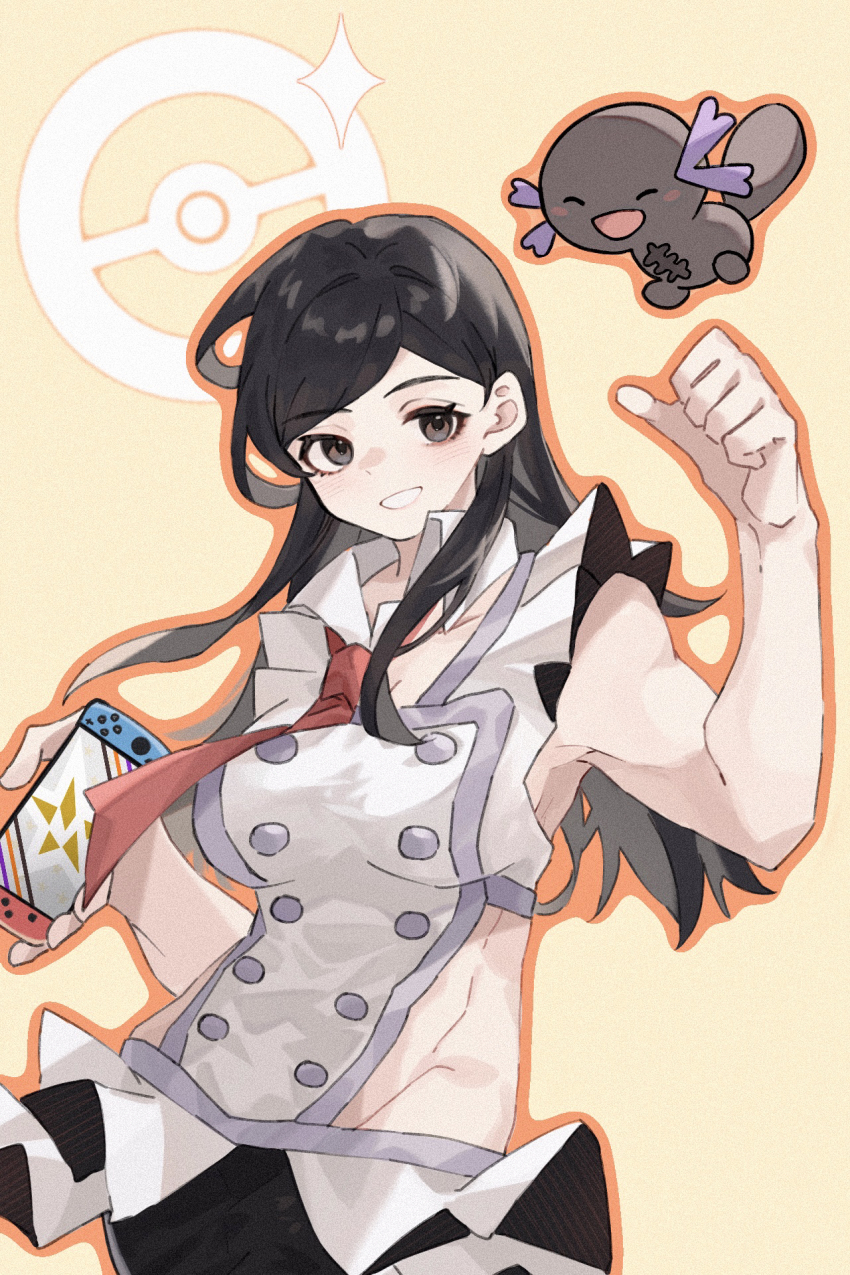 1girl, alternate_hair_color, alternate_hairstyle, arm_up, black_hair, blush, blush_stickers, brown_eyes