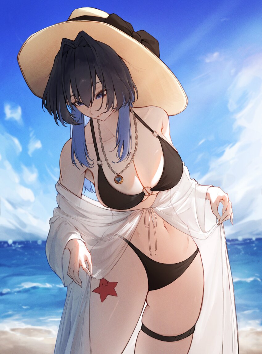 1girl, absurdres, bare_shoulders, beach, bikini, black_bikini, black_bow, black_hair