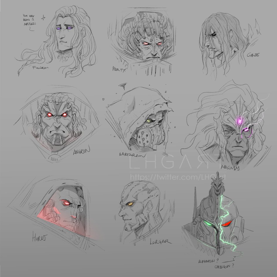 6+boys, alpha_legion, alpharius_omegon, angron, armor, bald, black_eyes, black_legion_(warhammer_40k), character_name, closed_mouth, commentary, crown_of_the_crimson_king, death_guard, emperor's_children, english_commentary, eye_trail, facepaint, facial_tattoo, forehead_jewel, from_side, fulgrim, glowing, glowing_eyes, green_eyes, grey_background, helmet, heterochromia, hood, horus_lupercal, iron_warriors, konrad_curze, lhgart, light_trail, long_hair, lorgar_aurelian, magnus_the_red, mechanical_parts, mortarion, multiple_boys, night_lords, orange_eyes, perturabo, power_armor, primarch, purple_eyes, red_eyes, simple_background, smirk, spot_color, straight-on, tattoo, the_logos_(warhammer), thousand_sons, underlighting, warhammer_40k, watermark, word_bearers, world_eaters, yellow_eyes