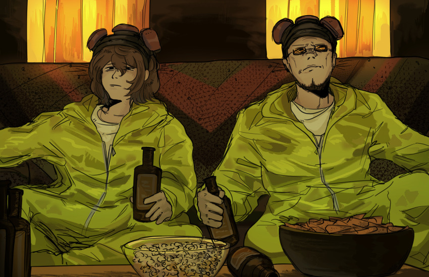 2boys, akechi_gorou, bald, bottle, bowl, breaking_bad, brown_hair, chips_(food), couch, facial_hair, father_and_child, father_and_son, food, hazmat_suit, highres, holding, holding_bottle, jumpsuit, multiple_boys, on_couch, orange-framed_eyewear, parent_and_child, persona, persona_5, persona_5_the_royal, popcorn, rugwurm, shidou_masayoshi, shirt, white_shirt, yellow_jumpsuit