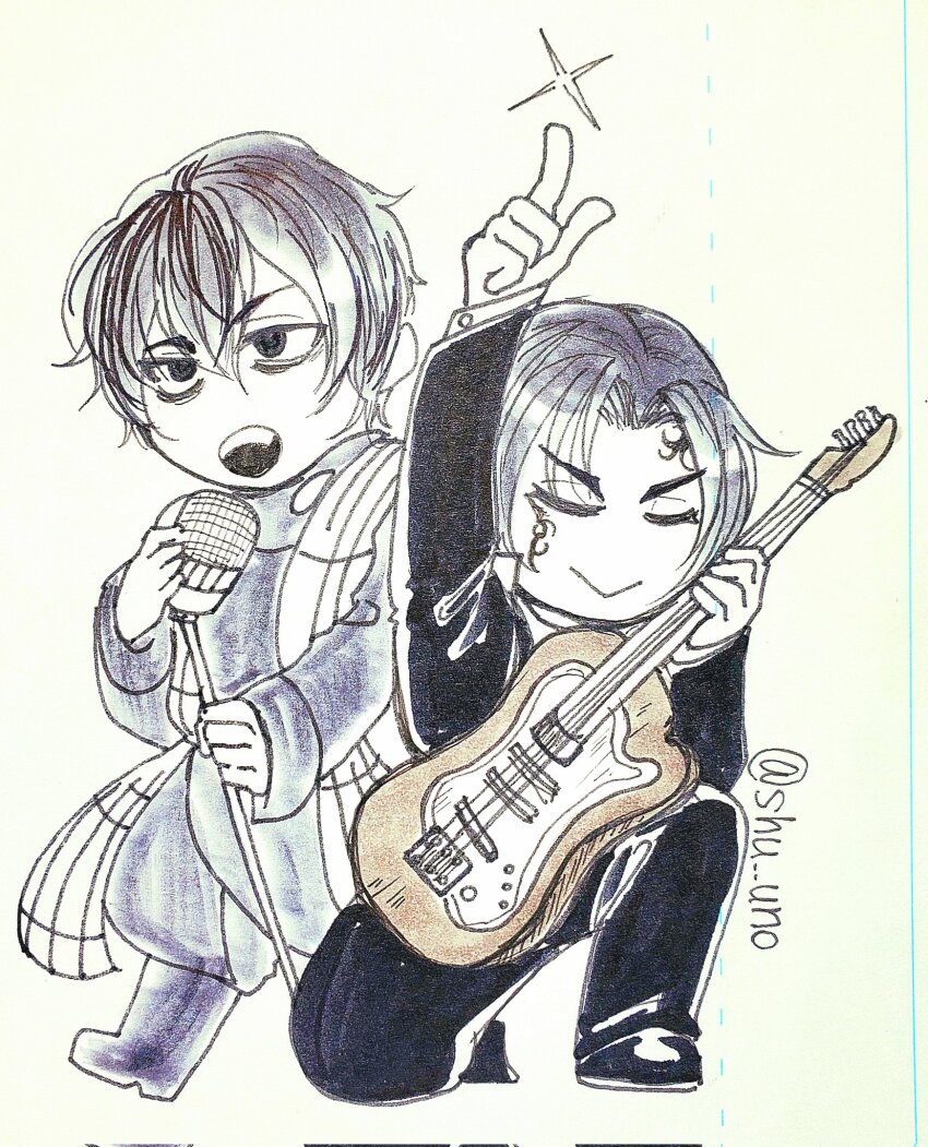 2boys, alternate_costume, arm_up, bags_under_eyes, beelzebub_(shuumatsu_no_valkyrie), black_eyes, black_footwear, black_hair