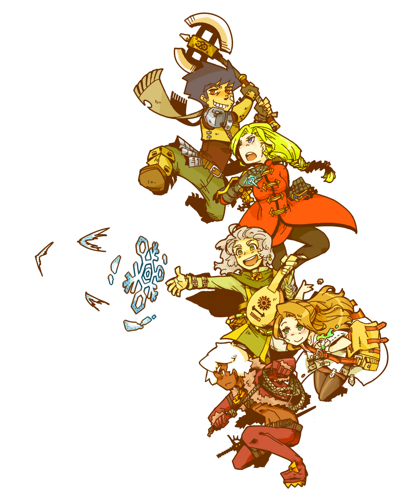 2012, 2girls, 3boys, alchemist_(sekaiju), alchemist_4_(sekaiju), armor, axe, bag