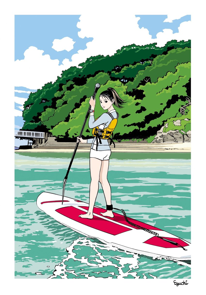 1girl, aqua_nails, aqua_shirt, beach, black_eyes, black_hair, boat, border