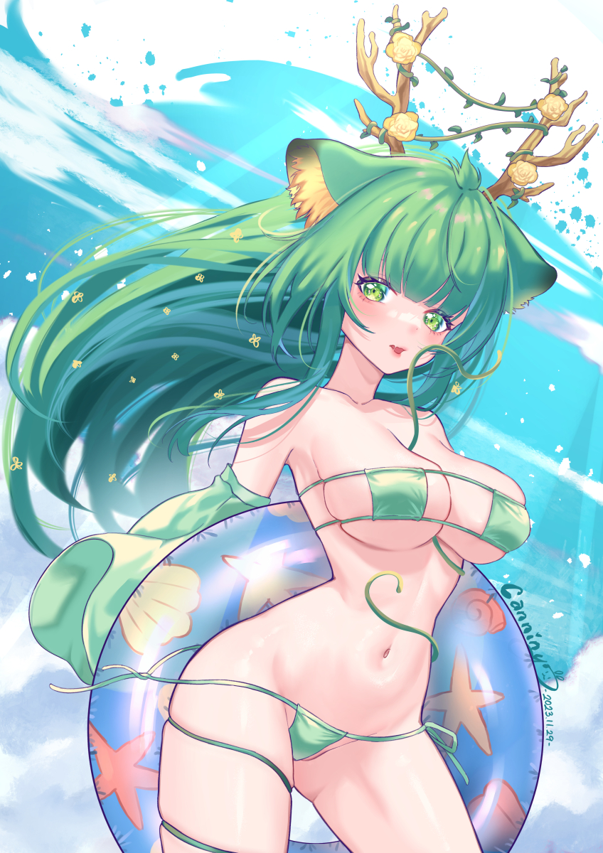1girl, animal_ears, antlers, bikini, blue_sky, blush, breasts, canniny