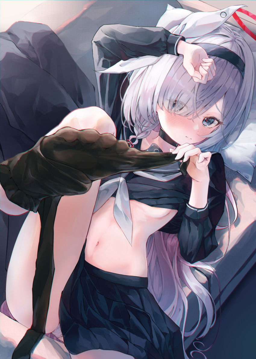 1girl, belly, black_choker, black_hairband, blue_archive, blush, bow, braid, breasts, choker, clothes_pull, colored_inner_hair, couch, feet, grey_eyes, hair_bow, hair_over_one_eye, hair_spread_out, hairband, halo, highres, leg_up, loli, long_hair, looking_at_viewer, lying, multicolored_hair, navel, on_couch, panties, pantyhose, pantyhose_pull, pink_hair, plana_(blue_archive), pleated_skirt, re_inverse, red_halo, school_uniform, skirt, small_breasts, solo, two-tone_hair, underboob, underwear, undressing, very_long_hair, white_hair, white_panties