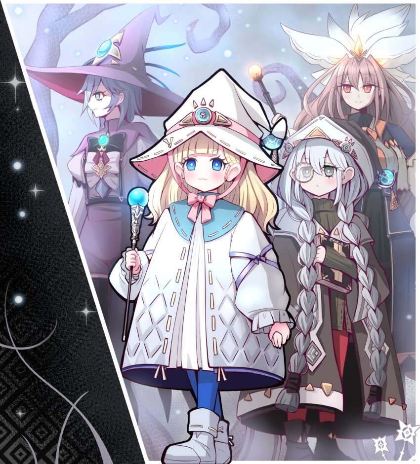 4girls, akisame_rizu, astellar_of_the_white_forest, black_footwear, blonde_hair, blue_eyes, book, border