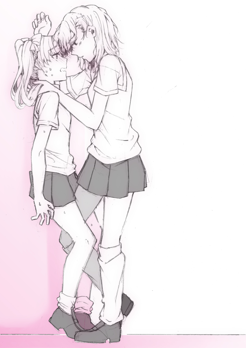 2girls, absurdres, blush, bow, commentary_request, hair_bow, higashizukihi_sei, highres