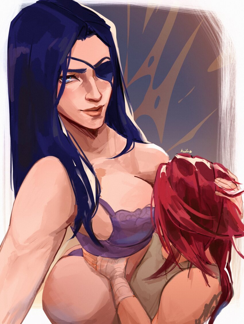 2girls, arcane:_league_of_legends, arcane_caitlyn, arcane_vi, artist_name, ass, bandaged_arm, bandages, between_breasts, blue_eyes, blue_hair, bra, breasts, caitlyn_(league_of_legends), cleavage, commentary, couple, english_commentary, eyepatch, face_between_breasts, from_above, hand_on_another's_head, hand_on_another's_waist, head_between_breasts, highres, kaifu_ato, large_breasts, league_of_legends, long_hair, looking_at_viewer, multiple_girls, panties, purple_bra, purple_panties, red_hair, selfie, shirt, smile, smirk, straight_hair, t-shirt, underwear, vi_(league_of_legends), yuri