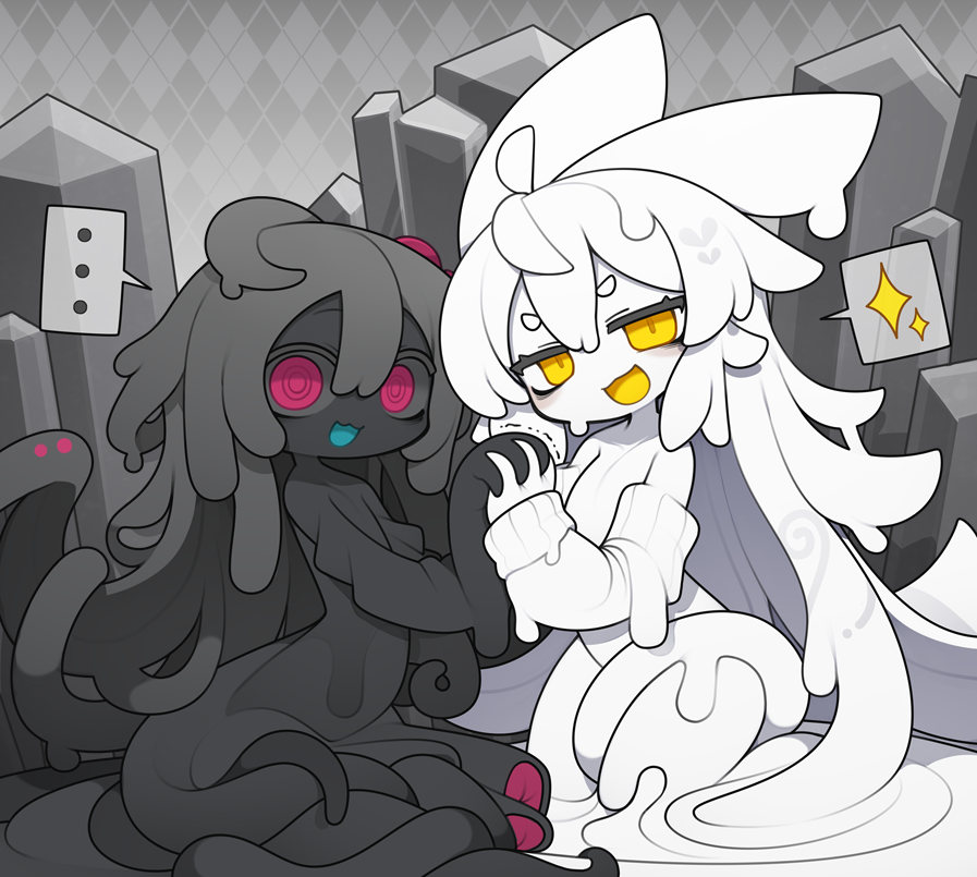 ..., 2girls, :3, ahoge, argyle_background, bags_under_eyes, black_hair, black_skin