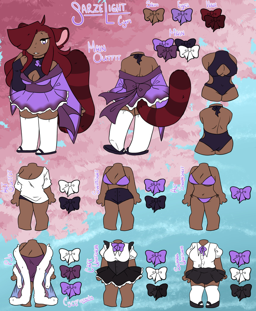 absurdres, amulet, animal_ears, bikini, black_footwear, blouse, breasts, bridal_gauntlets, bright_pupils, choker, cleavage_cutout, clothing_cutout, cyn_(sarzelight), dark-skinned_female, dark_skin, fluffy, hair_over_one_eye, heart, heart-shaped_pupils, highres, large_breasts, leotard, leotard_under_clothes, long_hair, long_sleeves, maid, multiple_ribbons, mxmisstyc, original, oversized_clothes, oversized_shirt, panties, purple_eyes, purple_outfit, raccoon_girl, raccoon_tail, red_hair, reference_sheet, ribbon, ring_patterned_tail, robe, school_uniform, shirt, skirt, socks, swimsuit, symbol-shaped_pupils, tail, tank_top, tanuki_ears, underwear, white_pupils, white_socks