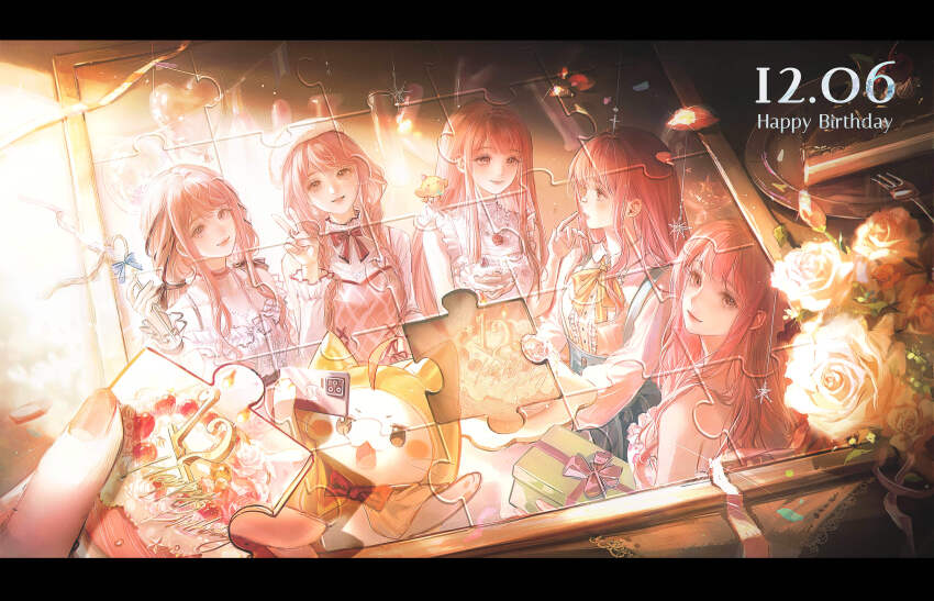 5girls, absurdres, animal, animal_on_shoulder, argyle_clothes, argyle_dress, baby_animal, balloon