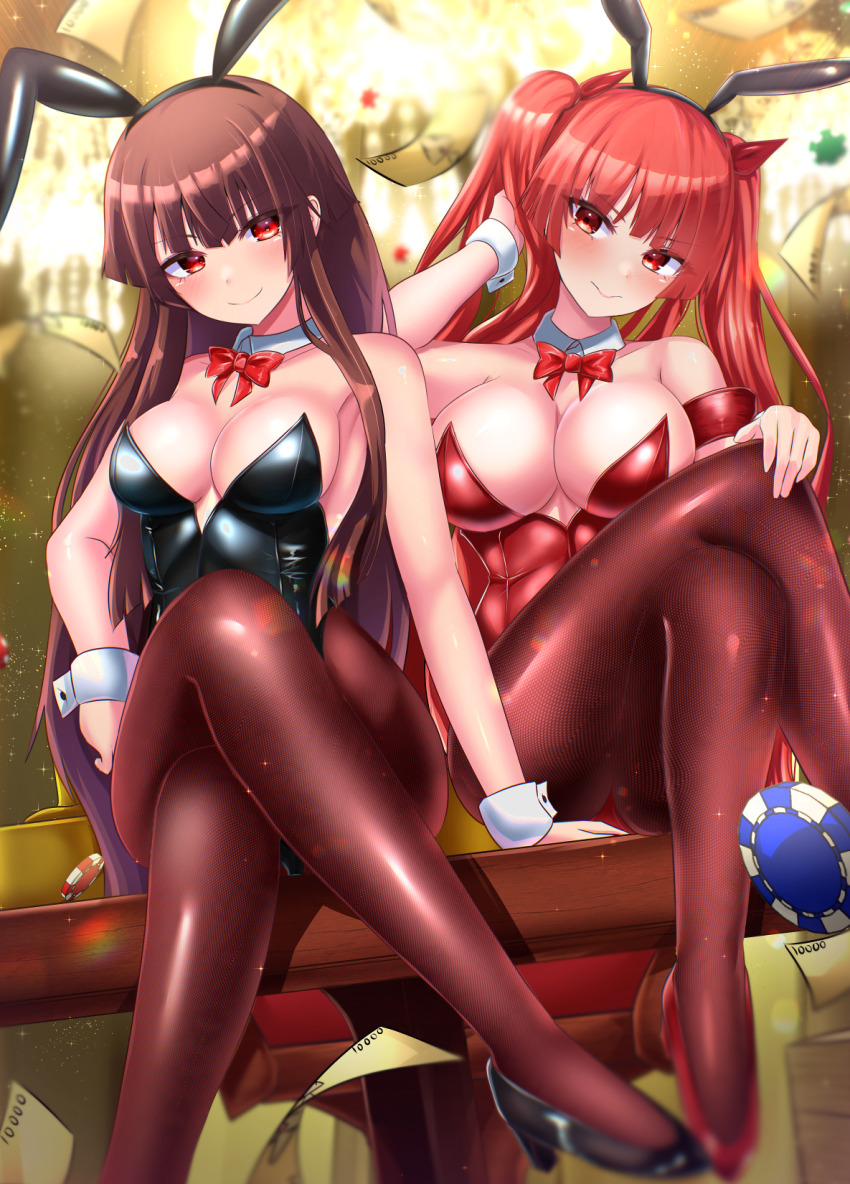 2girls, amamiya_kure, animal_ears, bemani, black_footwear, black_leotard, blunt_bangs, bow