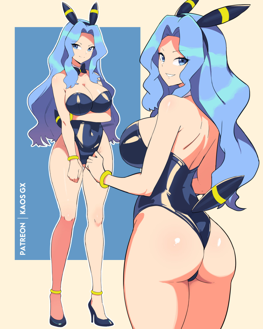 1girl, animal_ears, ass, blue_eyes, blue_hair, breasts, cleavage, cosplay, gen_2_pokemon, highres, kaos_art, karen_(pokemon), leotard, looking_at_viewer, looking_back, nintendo, pokemon, pokemon_heartgold_and_soulsilver, solo, tail, umbreon, umbreon_(cosplay)