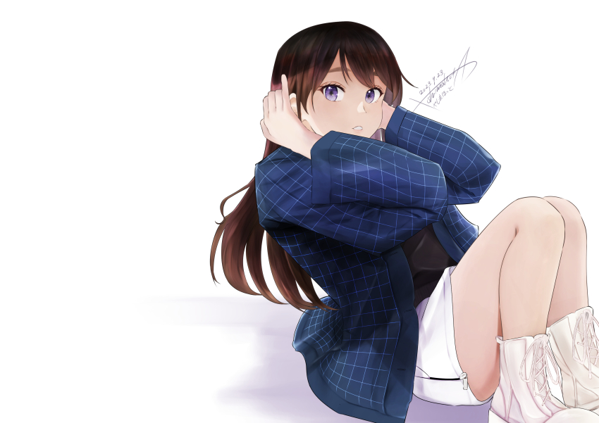 1girl, 2023, absurdres, artist_name, bad_id, blue_jacket, blush, brown_hair