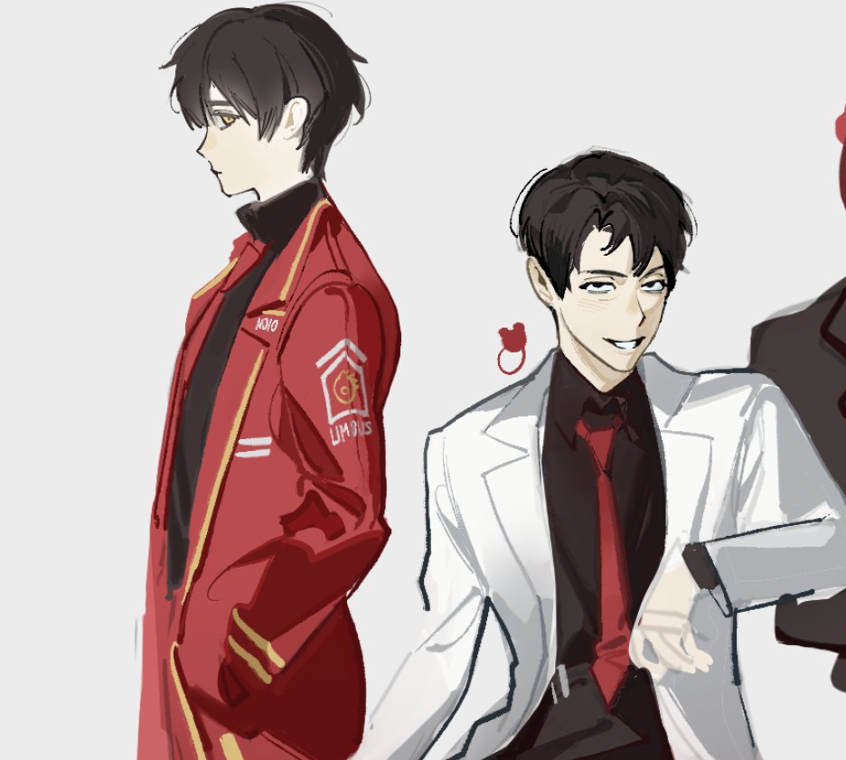 2boys, angela_(project_moon), angela_(project_moon)_(cosplay), ayin_(project_moon), black_eyes, black_hair, black_shirt, coat, collared_shirt, cosplay, dante_(limbus_company), dante_(limbus_company)_(cosplay), gloves, lab_coat, lapels, library_of_ruina, limbus_company, lobotomy_corporation, looking_at_viewer, male_focus, multiple_boys, necktie, notched_lapels, open_mouth, patchfire, project_moon, red_coat, red_necktie, roland_(project_moon), shirt, simple_background, smile, white_background, white_coat, white_gloves, yellow_eyes