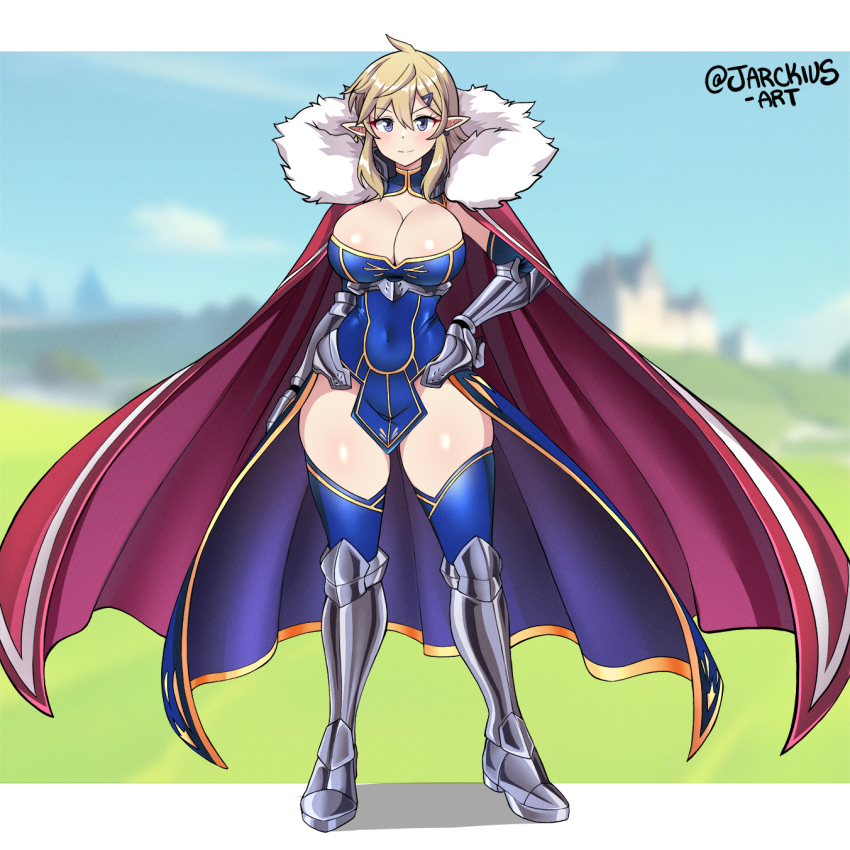 1girl, @_(symbol), alternate_breast_size, arm_armor, armor, armored_boots, armored_gloves, artist_name