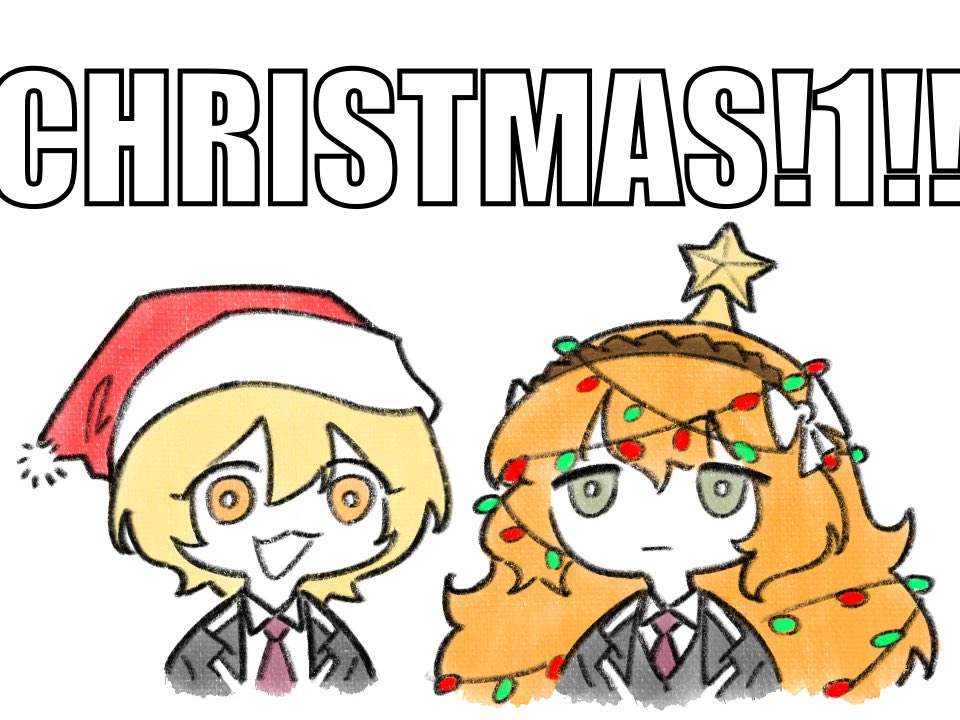 2girls, :3, blonde_hair, bow, brown_hairband, christmas, christmas_lights, collared_shirt, don_quixote_(project_moon), hair_bow, hairband, hat, impact_(font), ishmael_(project_moon), limbus_company, long_hair, multiple_girls, necktie, open_mouth, orange_hair, project_moon, red_necktie, santa_hat, shirt, short_hair, sidelocks, simple_background, smile, very_long_hair, white_background, white_bow, white_shirt, yellow_eyes, yongsa_(ishmaelenjoyer)