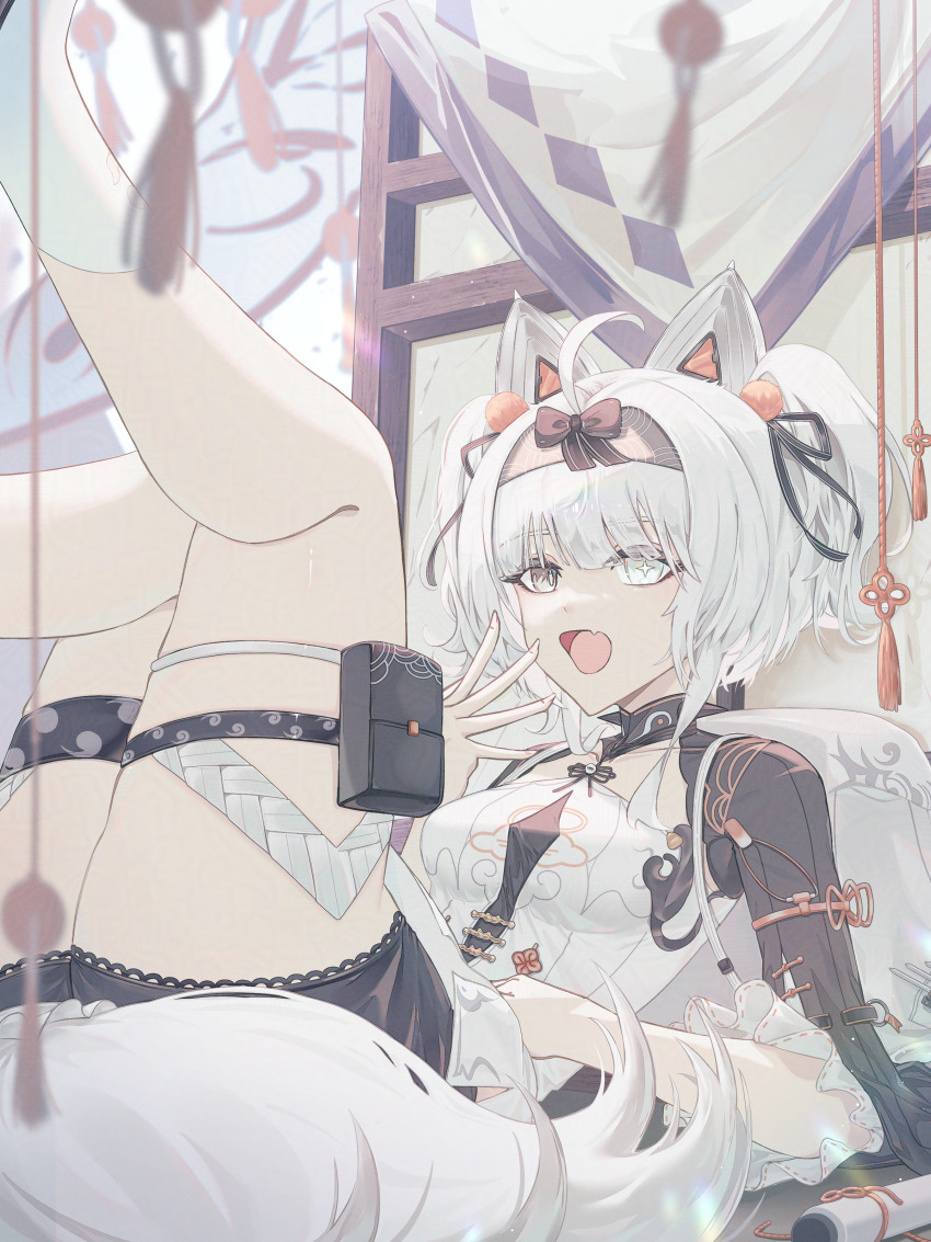 1girl, absurdres, ahoge, animal_ears, black_bow, black_hairband, bow, chinese_clothes, cross-shaped_pupils, fang, grey_eyes, grey_hair, hair_ornament, hairband, heterochromia, highres, mechanical_ears, mismatched_pupils, nininininil, no._21:_feral_(pgr), no._21_(pgr), official_alternate_costume, official_alternate_hair_length, official_alternate_hairstyle, open_mouth, orange_pom_poms, pom_pom_(clothes), pom_pom_hair_ornament, pouch, punishing:_gray_raven, sidelocks, skin_fang, solo, symbol-shaped_pupils, tail, thigh_pouch, twintails, wolf_ears, wolf_tail, yawning