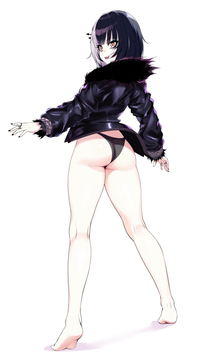 1girl, absurdres, ass, bare_legs, barefoot, black_hair, black_jacket, black_nails, black_panties, commentary, english_commentary, feet, fingernails, from_behind, fur-trimmed_jacket, fur_trim, grey_hair, hair_ornament, heel_up, highres, hololive, hololive_english, jacket, jewelry, kneepits, long_fingernails, long_sleeves, looking_at_viewer, looking_back, multicolored_hair, multiple_rings, nail_polish, no_pants, open_mouth, outstretched_arms, panties, porougon, ring, shadow, shiori_novella, shiori_novella_(1st_costume), short_hair, simple_background, smile, soles, solo, split-color_hair, standing, toes, two-tone_hair, underwear, virtual_youtuber, white_background, yellow_eyes