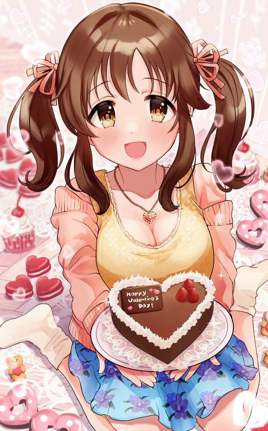 1girl, bare_shoulders, blue_skirt, blush, breasts, brown_eyes, brown_hair, cake