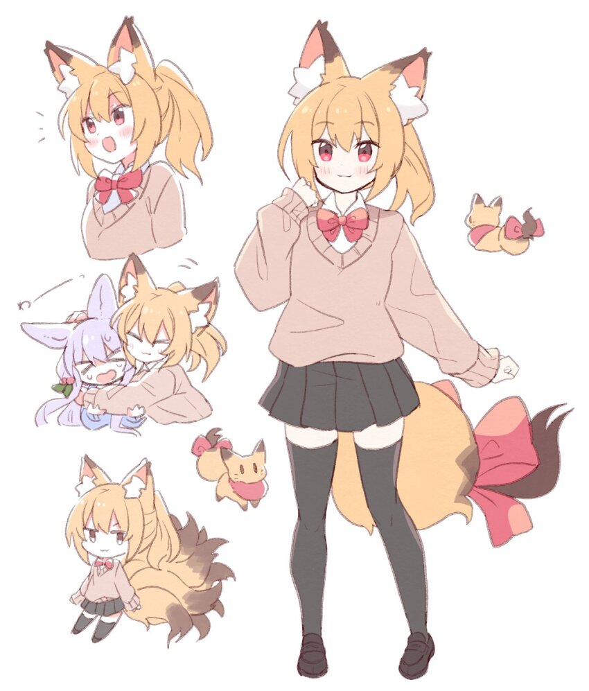 >_<, 2girls, animal_ear_fluff, animal_ears, black_footwear, black_skirt, black_thighhighs, blonde_hair