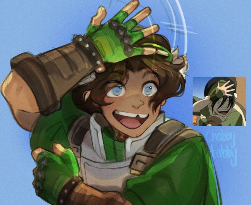 1other, :d, arm_up, artist_name, avatar:_the_last_airbender, avatar_legends, blue_background, blue_eyes, brown_hair, chabbytabbyy, chipped_tooth, commentary, cosplay, dark_skin, english_commentary, eyebrow_piercing, face_piercing, fingerless_gloves, gloves, goggles, goggles_on_head, green_gloves, neck_tattoo, open_mouth, other_focus, overwatch, overwatch_2, piercing, reference_inset, short_hair, smile, tattoo, toph_beifong, toph_beifong_(cosplay), upper_body, venture_(overwatch)