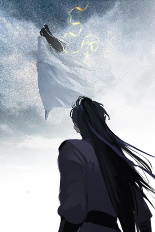 2boys, black_hair, blue_hanfu, blue_ribbon, blurry, chinese_clothes, chinese_commentary, chu_wanning