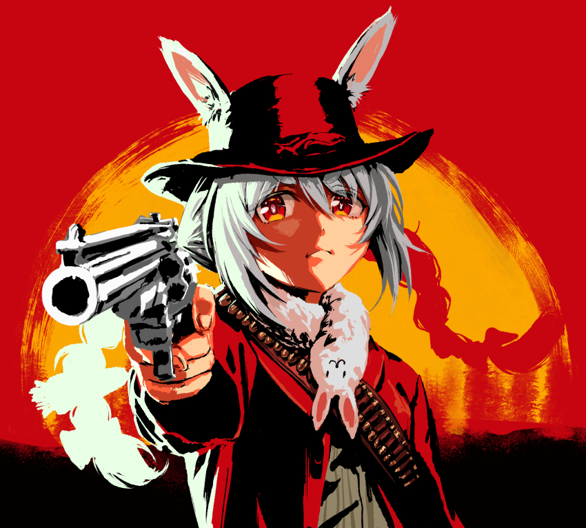 1girl, aiming, aiming_at_viewer, animal_ear_fluff, animal_ears, arthur_morgan, arthur_morgan_(cosplay), bandolier, belt, blue_hair, braid, carrot_hair_ornament, commentary_request, cosplay, cowboy_hat, cowboy_shot, derivative_work, food-themed_hair_ornament, foreshortening, frown, gun, hair_ornament, handgun, hat, highres, holding, holding_gun, holding_weapon, hololive, long_hair, looking_at_viewer, multicolored_hair, rabbit_ears, rabbit_girl, red_background, red_dead_redemption_(series), red_dead_redemption_2, red_theme, revolver, sidelighting, solo, thick_eyebrows, thugkali, twin_braids, two-tone_hair, upper_body, usada_pekora, v-shaped_eyebrows, video_game_cover_redraw, virtual_youtuber, weapon, white_hair