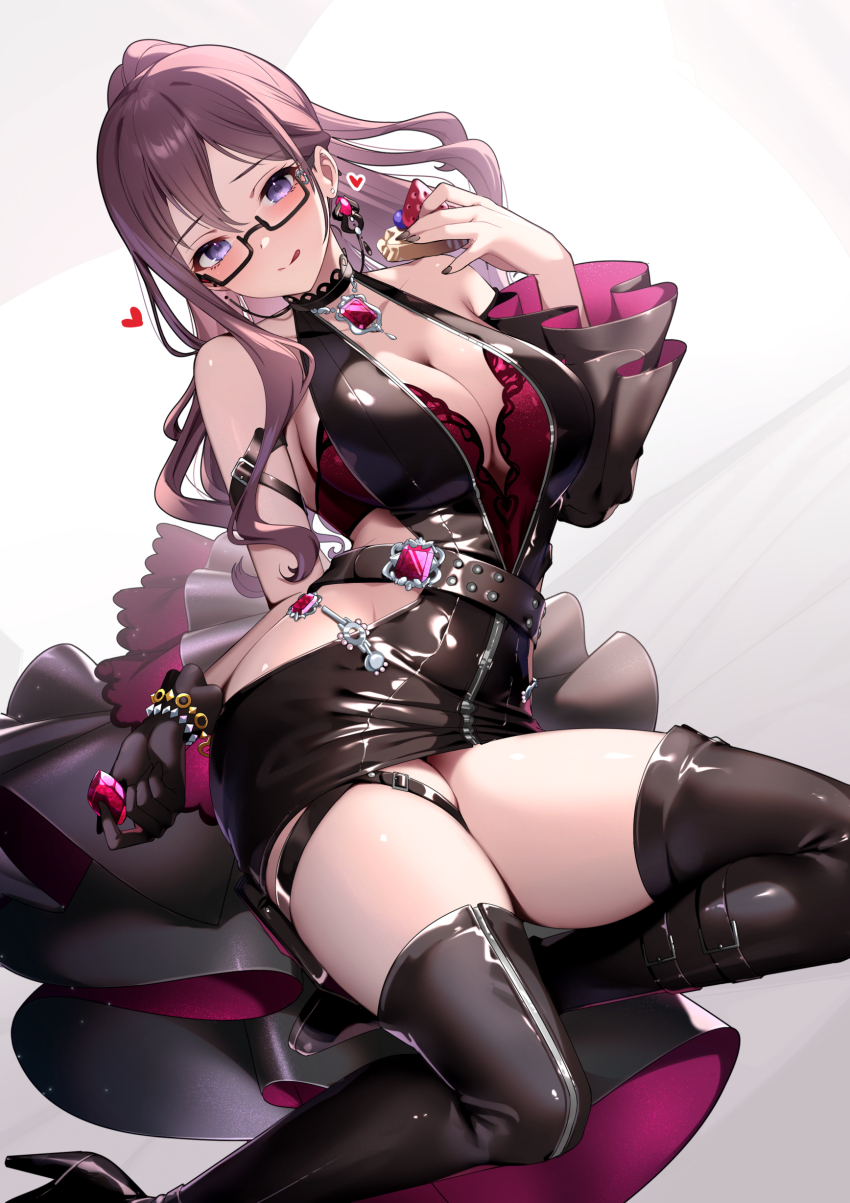 1girl, :q, absurdres, alternate_costume, arm_belt, bare_shoulders, high-waist_belt, black_dress, blush, bodycon, boots, bra, bracelet, breasts, brooch, brown_hair, choker, cleavage, clothing_cutout, commentary_request, curvy, detached_sleeves, double-parted_bangs, dress, earrings, fingernails, floating_earrings, food, frilled_gloves, frilled_sleeves, frills, fruit, garter_straps, gem, gloves, groin, hair_over_shoulder, head_tilt, high_heel_boots, high_heels, high_ponytail, highres, hip_vent, holding, holding_food, holding_fruit, holding_gem, idolmaster, idolmaster_cinderella_girls, jewelry, lace, lace-trimmed_choker, lace_bra, lace_trim, large_breasts, latex, latex_dress, latex_thighhighs, lingerie, long_hair, nail_polish, panties, panty_peek, partially_unzipped, patent_boots, patent_heels, ponytail, purple_eyes, rectangle_eyewear, red_bra, red_gem, rumo, shirt, showgirl_skirt, simple_background, single_detached_sleeve, single_glove, sitting, slingshot_dress, solo, strapless, strapless_bra, thigh_boots, thighhighs, tight_clothes, tight_shirt, tongue, tongue_out, underwear, wide_sleeves, yagami_makino, yokozuwari, zipper_dress, zipper_legwear