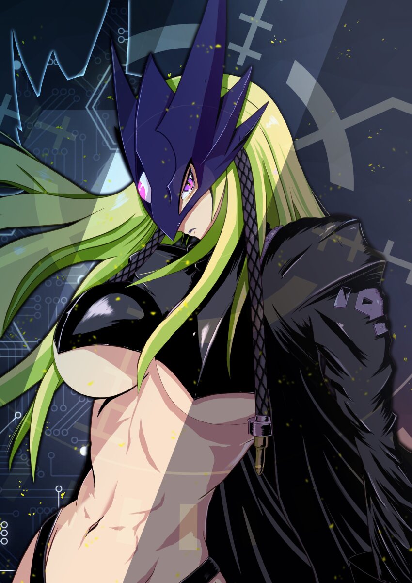 1girl, abs, absurdres, beelstarmon, black_coat, black_shirt, blonde_hair, breasts, coat, cropped_shirt, digimon, digimon_(creature), highres, large_breasts, lipstick, long_hair, makeup, naoten_7010, navel, open_clothes, open_coat, profile, purple_eyes, shirt, solo, third_eye, underboob, upper_body