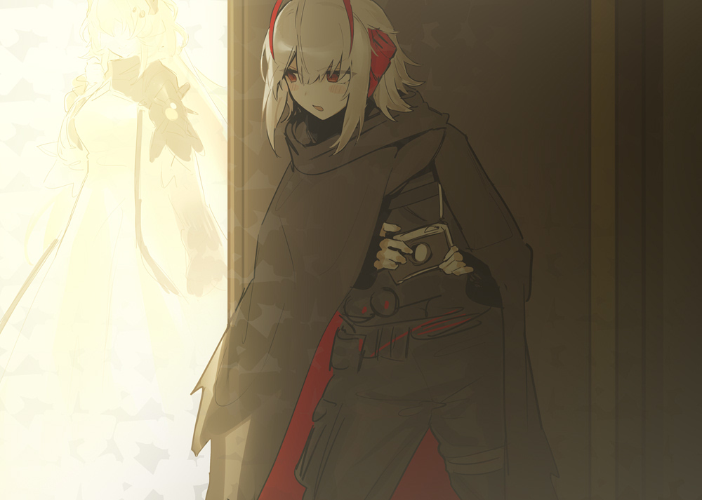 2girls, arknights, blush, camera, cloak, hiding, holding, holding_camera