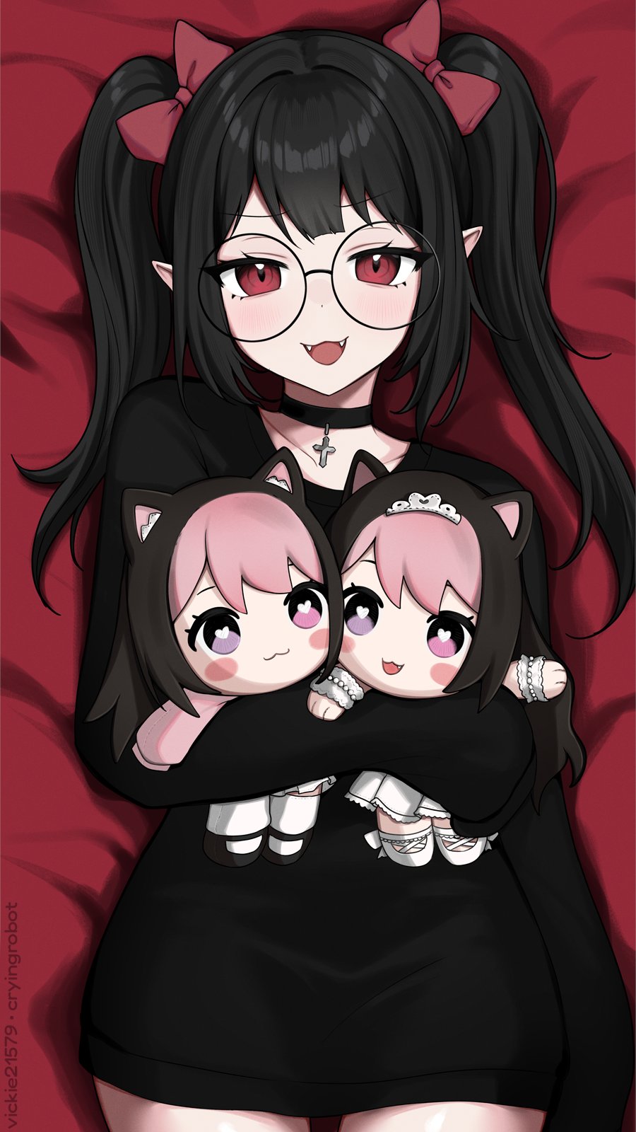 1girl, :3, animal_ears, black_choker, black_hair, black_shirt, blush_stickers, bow, bright_pupils, cat_ears, character_doll, choker, collarbone, commission, cross, darlingstrawb, doll, eyelashes, fangs, glasses, hair_bow, heart, heart-shaped_pupils, heterochromia, highres, holding, holding_doll, indie_virtual_youtuber, lying, multicolored_hair, on_back, open_mouth, pink_hair, pointy_ears, red_bow, red_eyes, rev_says_desu, round_eyewear, shirt, symbol-shaped_pupils, twintails, two-tone_hair, vickie_(cryingrobot), virtual_youtuber, white_pupils