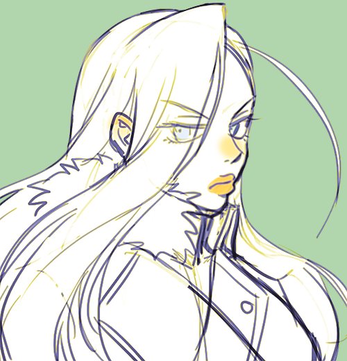 1girl, blue_eyes, closed_mouth, commentary_request, eyes_visible_through_hair, full_body, fullmetal_alchemist, fur_trim