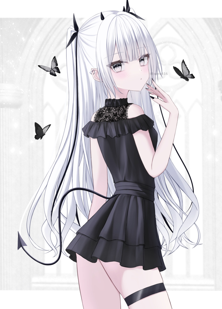 1girl, arm_at_side, bare_shoulders, black_butterfly, black_dress, black_horns, black_nails, black_ribbon