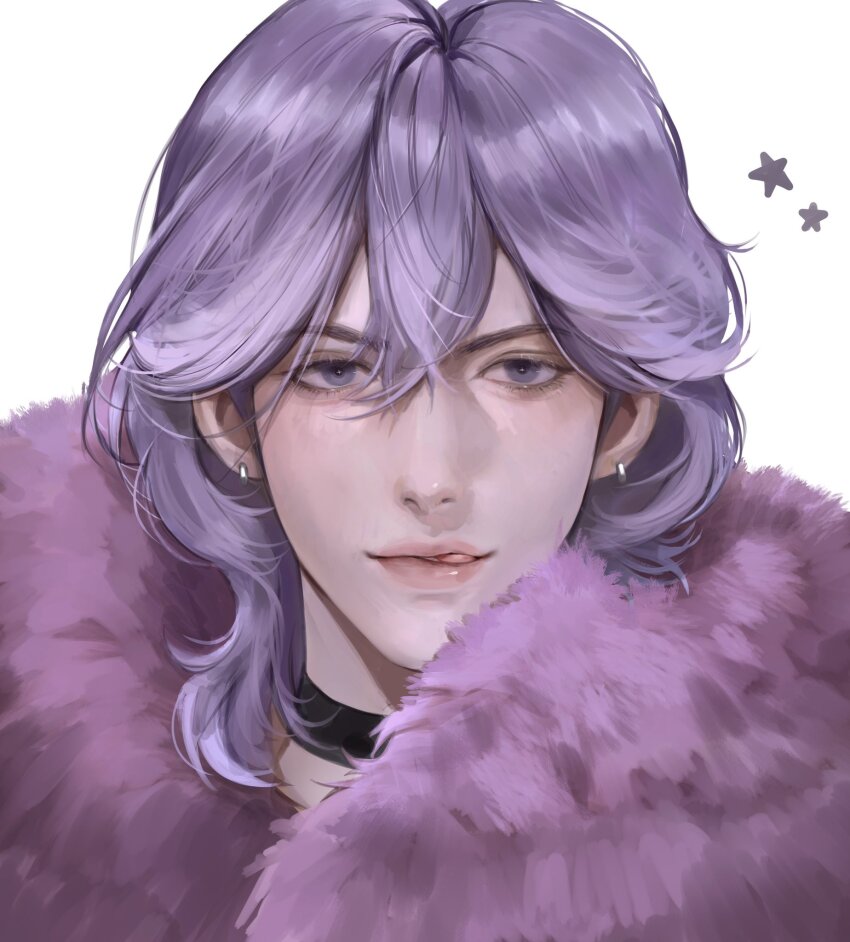 1boy, black_choker, choker, coat, commentary_request, earrings, fur-trimmed_coat, fur_trim