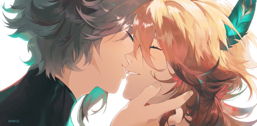 2boys, alhaitham_(genshin_impact), artist_name, black_shirt, blonde_hair, close-up, closed_eyes, colored_inner_hair