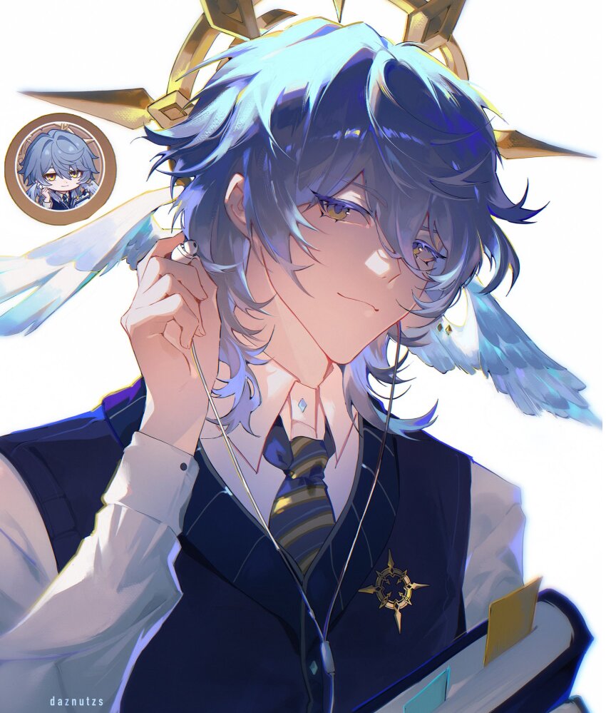 1boy, artist_name, blue_hair, blue_necktie, blue_vest, book, closed_mouth, collared_shirt