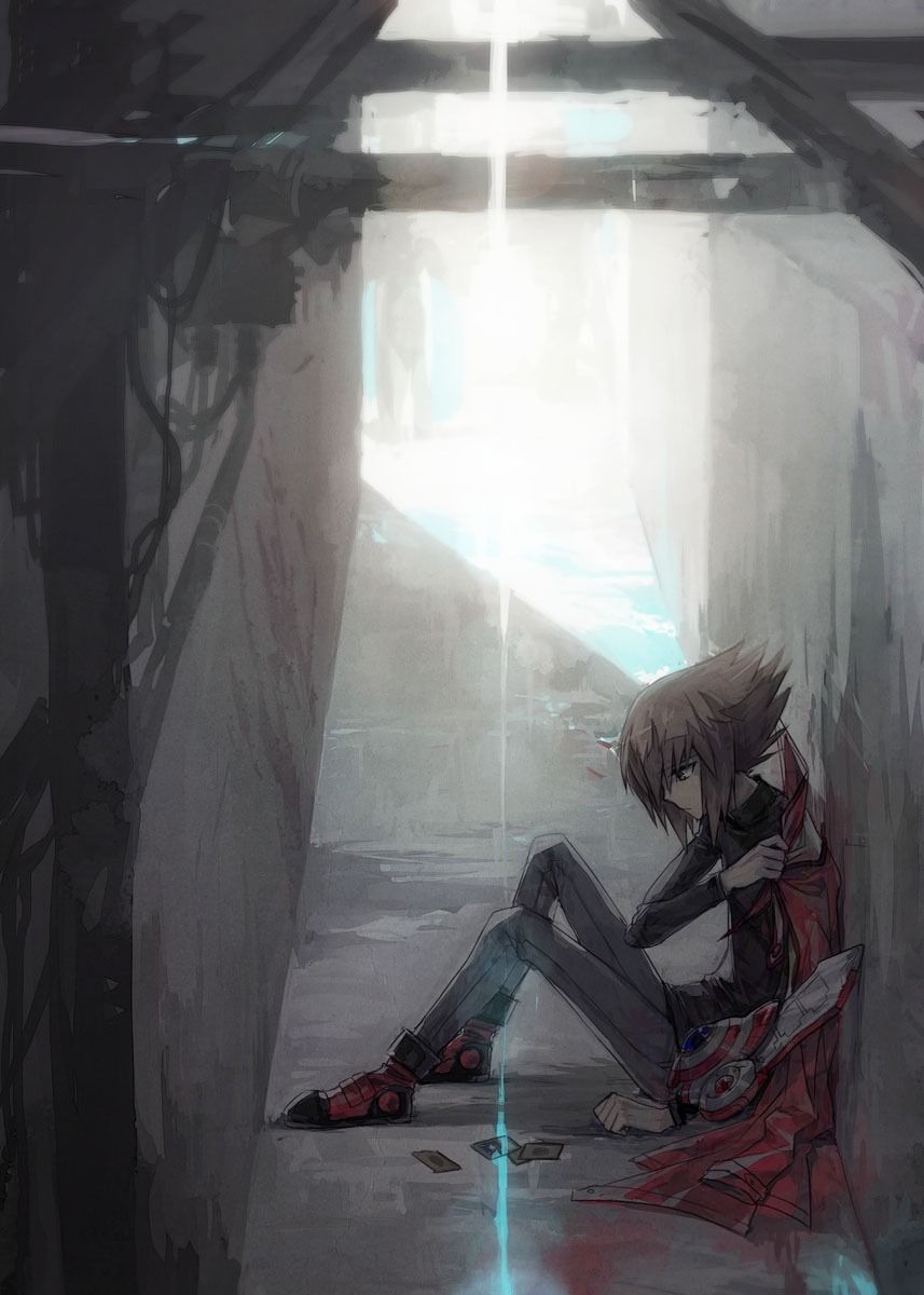1boy, against_wall, alley, black_shirt, blue_pants, brown_eyes, brown_hair, card