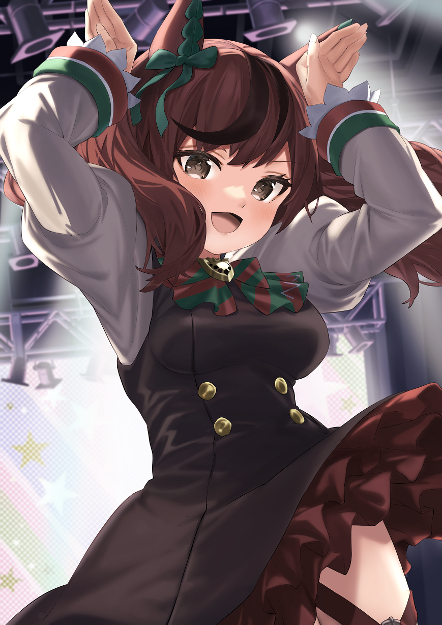 1girl, animal_ears, black_dress, blush, boots, bow, bowtie, breasts, brown_boots, cowboy_shot, dress, highres, horse_ears, horse_girl, horse_tail, long_sleeves, looking_at_viewer, mosamune, multicolored_hair, nice_nature_(umamusume), open_mouth, orange_eyes, pinafore_dress, red_hair, shirt, short_hair, simple_background, sleeveless, sleeveless_dress, solo, stage, streaked_hair, tail, twintails, umamusume, white_shirt