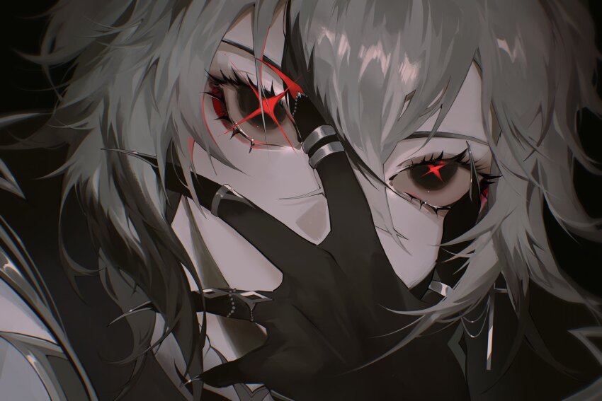 1girl, arlecchino_(genshin_impact), black_eyes, black_gloves, black_hair, close-up, coat, covering_own_mouth