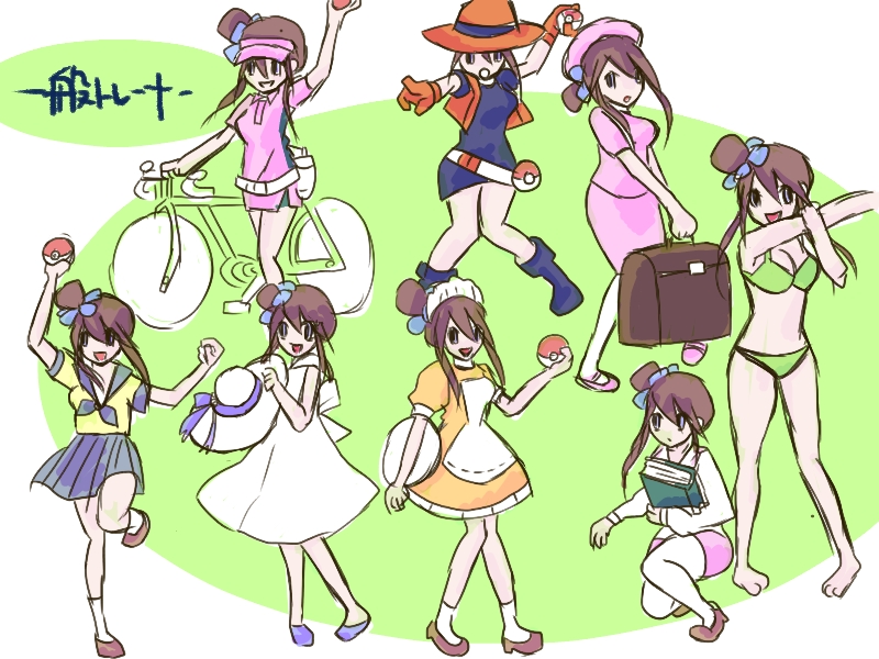 1girl, alternate_hair_color, alternate_hairstyle, alternate_skin_color, bicycle, bikini, brown_hair, clerk_(pokemon)