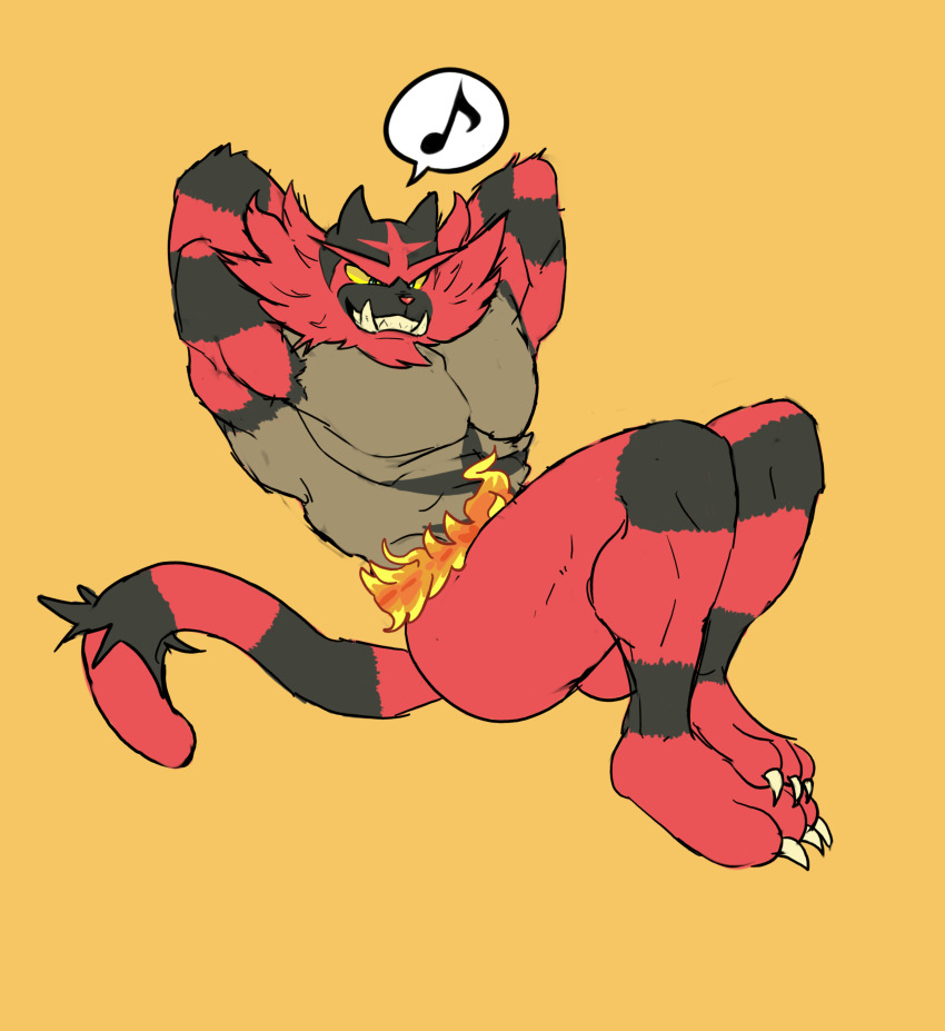 absurdres, arms_behind_head, black_fur, brown_background, claws, colored_sclera, full_body, gen_7_pokemon, highres, incineroar, jaiibite, musical_note, nintendo, pokemon, pokemon_(creature), red_fur, simple_background, solo, speech_bubble, spoken_musical_note, tusks, yellow_sclera