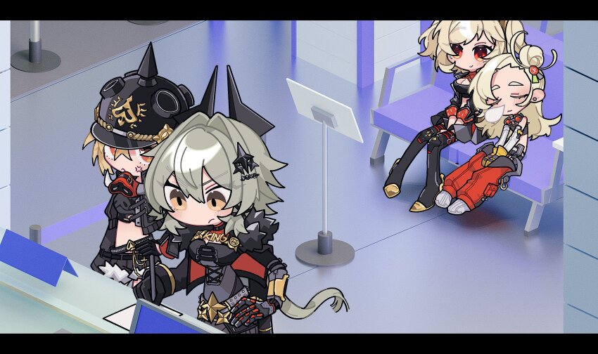 4girls, anger_vein, black_gloves, blonde_hair, breasts, burnice_white, caesar_king_(zenless_zone_zero), chair